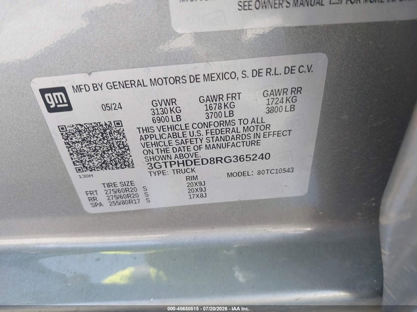 2024 GMC Sierra 1500 2Wd Short Box Slt VIN: 3GTPHDED8RG365240 Lot: 45650515