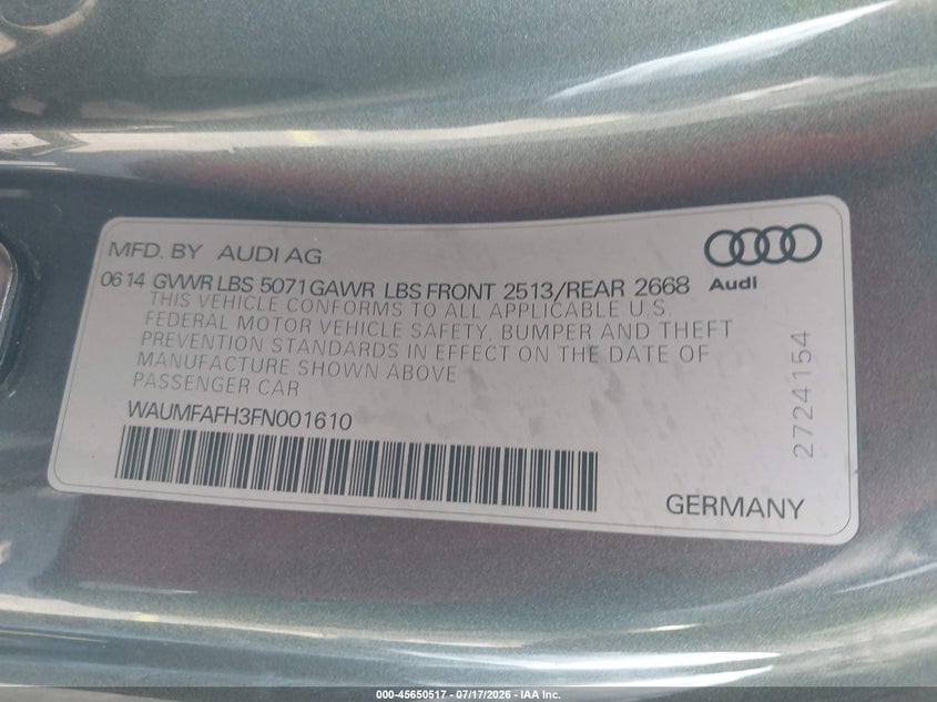 2015 Audi A5 2.0T Premium VIN: WAUMFAFH3FN001610 Lot: 45650517