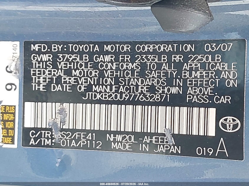 2007 Toyota Prius Touring VIN: JTDKB20U977632871 Lot: 45650526