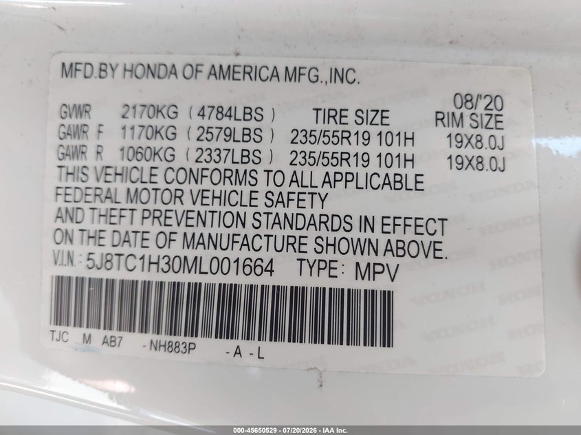 2021 Acura Rdx Standard VIN: 5J8TC1H30ML001664 Lot: 45650529