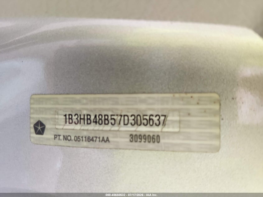 2007 Dodge Caliber Sxt VIN: 1B3HB48B57D305637 Lot: 45650532