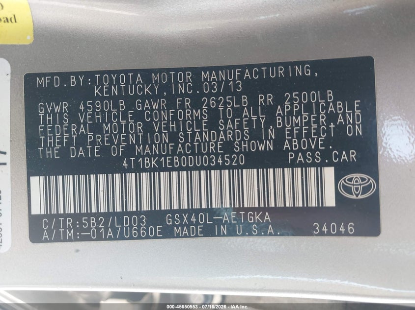 TOYOTA AVALON 2013 VIN 4T1BK1EB0DU034520