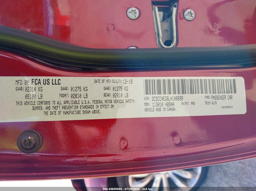 2020 Chrysler 300 Limited VIN: 2C3CCAEG6LH108689 Lot: 45650569