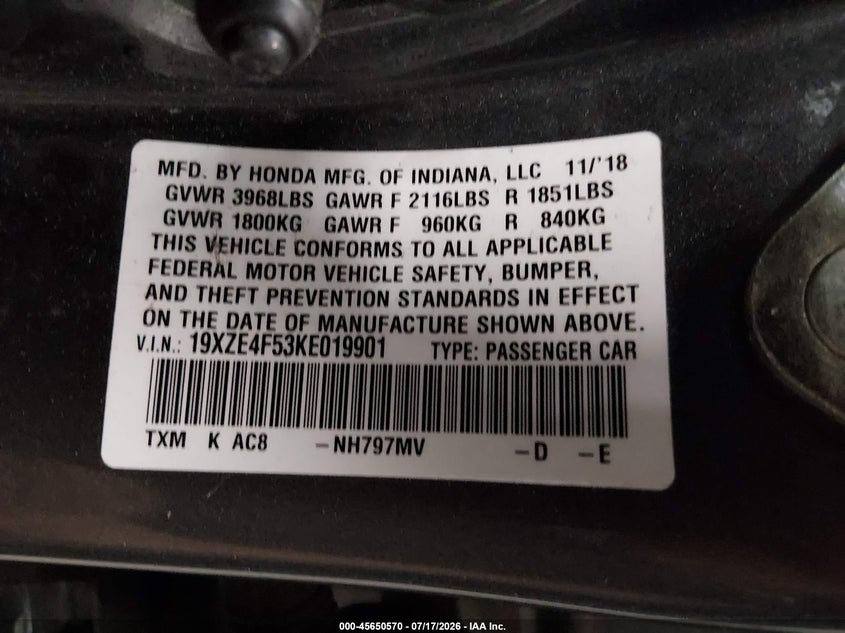 2019 Honda Insight Ex VIN: 19XZE4F53KE019901 Lot: 45650570