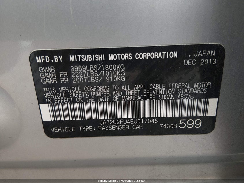 2014 Mitsubishi Lancer Es VIN: JA32U2FU4EU017045 Lot: 45650601