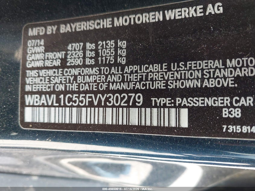 2015 BMW X1 xDrive28I VIN: WBAVL1C55FVY30279 Lot: 45650615