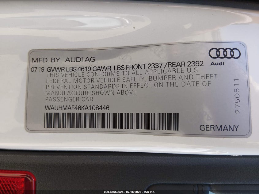 2019 Audi A4 40 Premium VIN: WAUHMAF46KA108446 Lot: 45650625