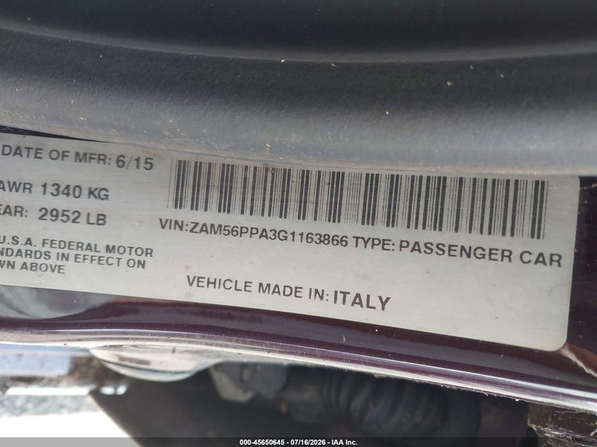 MASERATI QUATTROPORTE 2016 VIN ZAM56PPA3G1163866