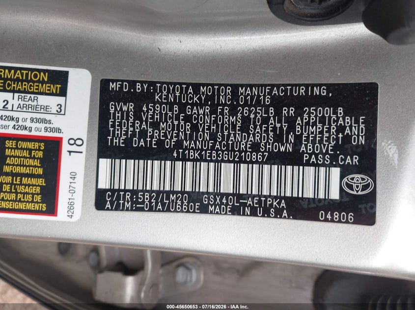 2016 Toyota Avalon Limited VIN: 4T1BK1EB3GU210867 Lot: 45650653