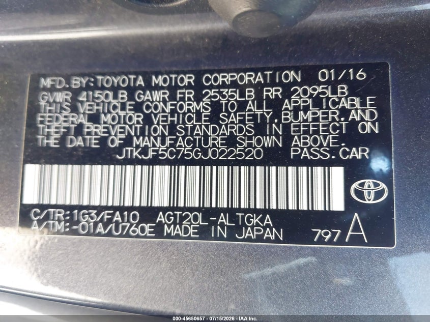 2016 Scion Tc VIN: JTKJF5C75GJ022520 Lot: 45650657