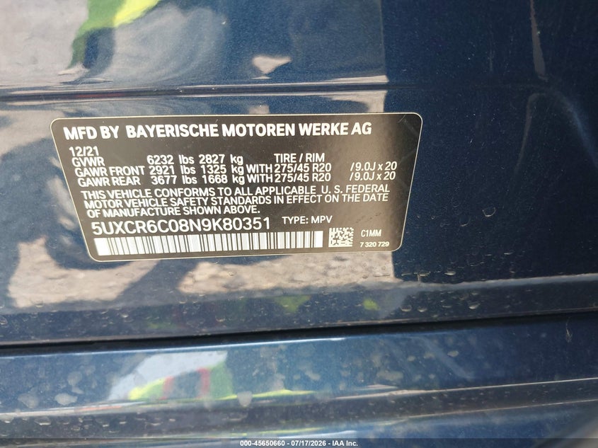 2022 BMW X5 xDrive40I VIN: 5UXCR6C08N9K80351 Lot: 45650660