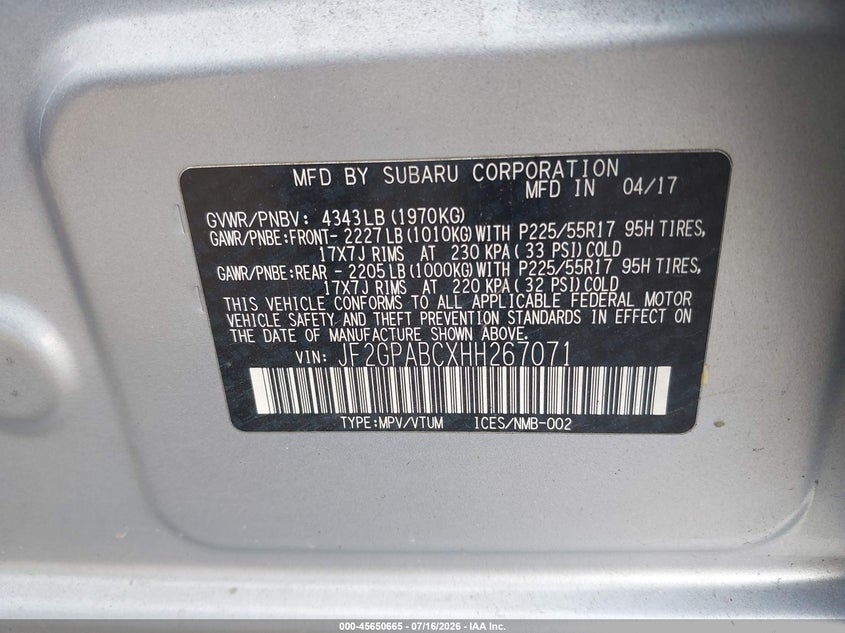 2017 Subaru Crosstrek 2.0I Premium VIN: JF2GPABCXHH267071 Lot: 45650665
