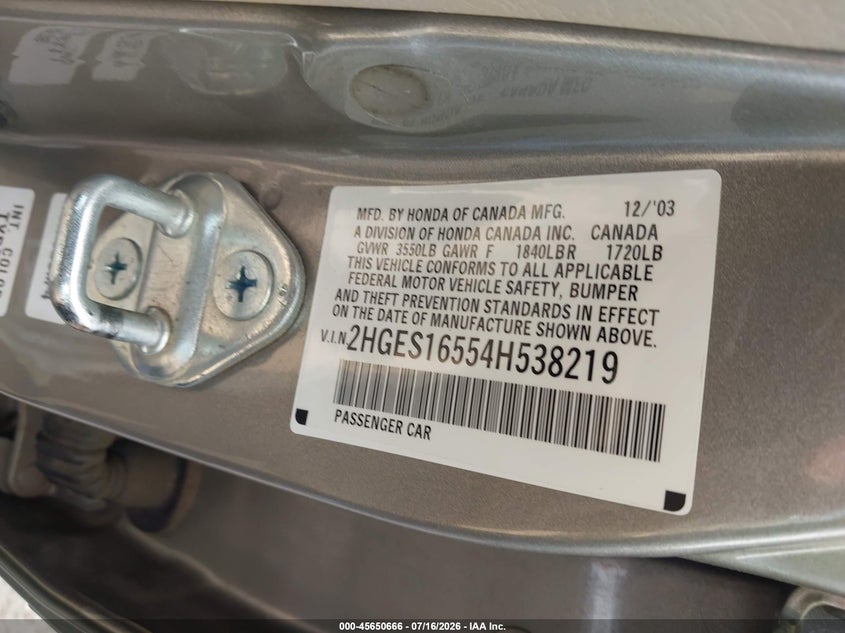 2004 HONDA CIVIC SEDAN 1.7L I-4 115HP