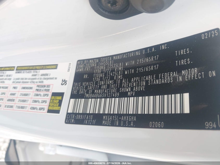 2025 Toyota Corolla Cross Le VIN: 7MUBAABG6SV127489 Lot: 45650676