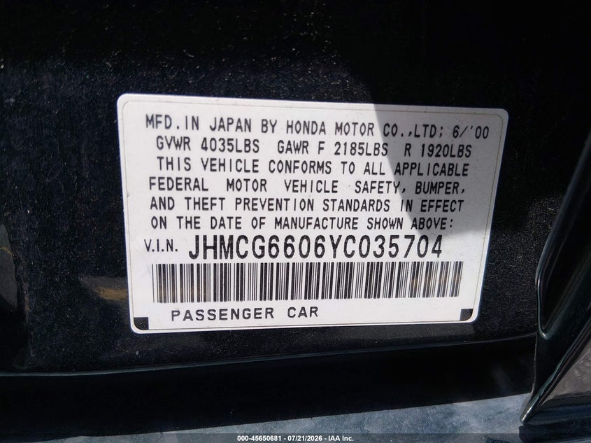 2000 Honda Accord 2.3 Ex VIN: JHMCG6606YC035704 Lot: 45650681