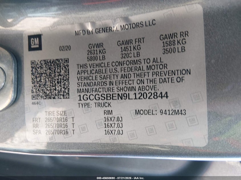 2020 Chevrolet Colorado 2Wd Short Box Wt VIN: 1GCGSBEN9L1202844 Lot: 45650690