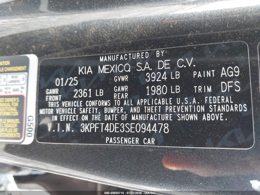 2025 Kia K4 Lxs VIN: 3KPFT4DE3SE094478 Lot: 45650710
