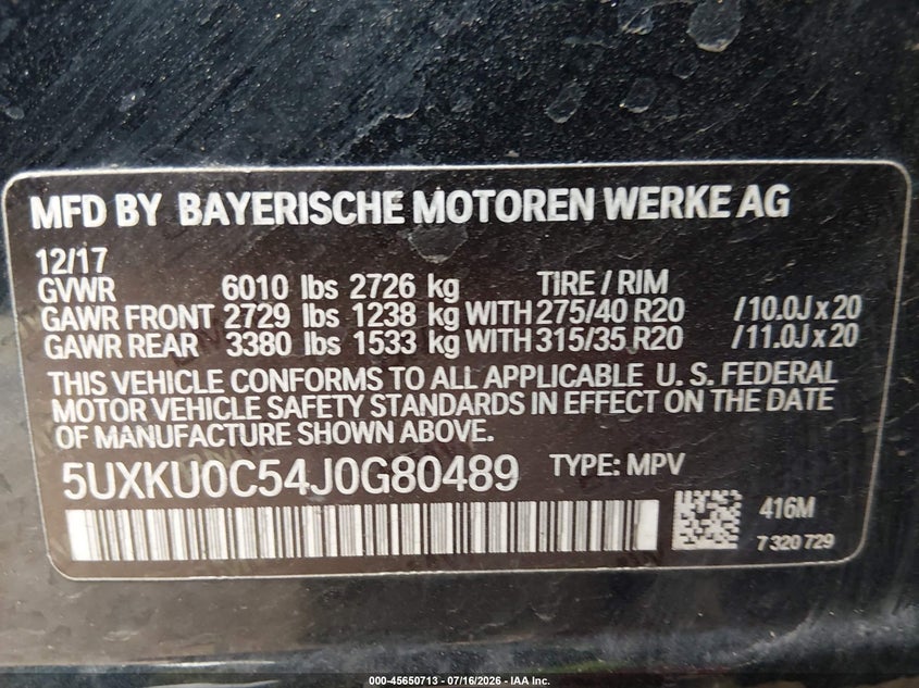 2018 BMW X6 Sdrive35I VIN: 5UXKU0C54J0G80489 Lot: 45650713