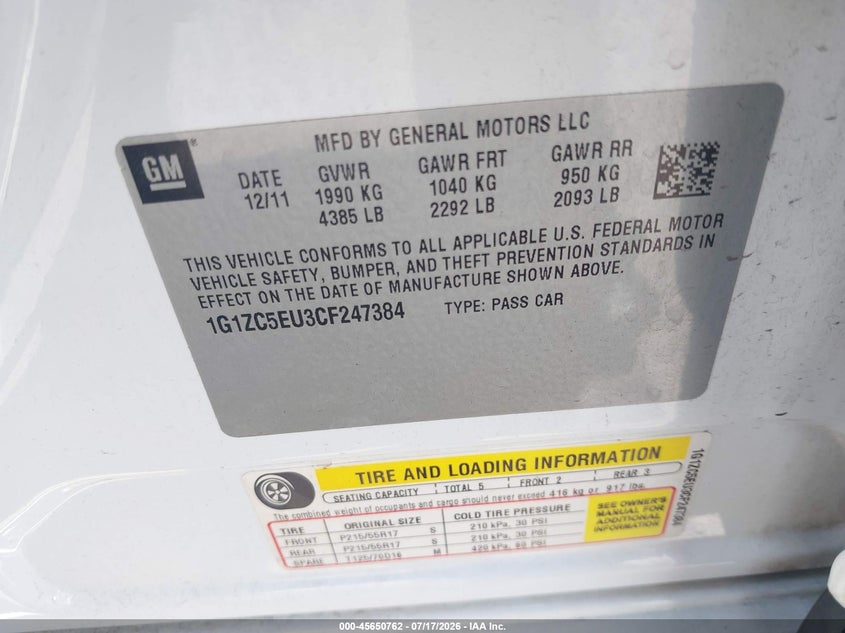 2012 CHEVROLET MALIBU SEDAN 2.4L I-4 DOHC, VVT, 170HP