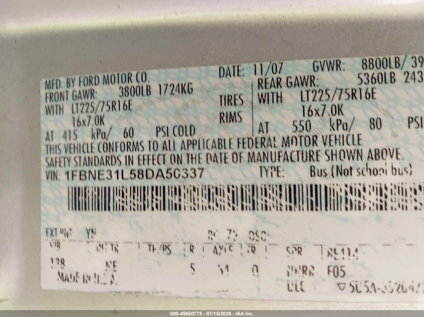 2008 Ford E-350 Super Duty Xl/Xlt VIN: 1FBNE31L58DA50337 Lot: 45650778