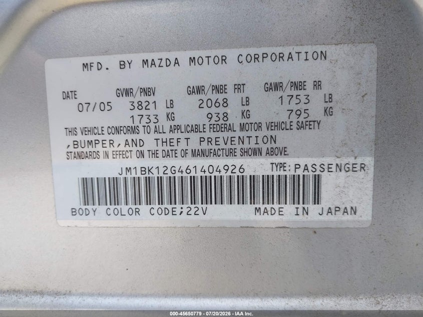 2006 Mazda Mazda3 I VIN: JM1BK12G461404926 Lot: 45650779