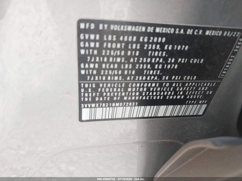 2022 Volkswagen Taos 1.5T Se VIN: 3VVWX7B21NM072831 Lot: 45650793