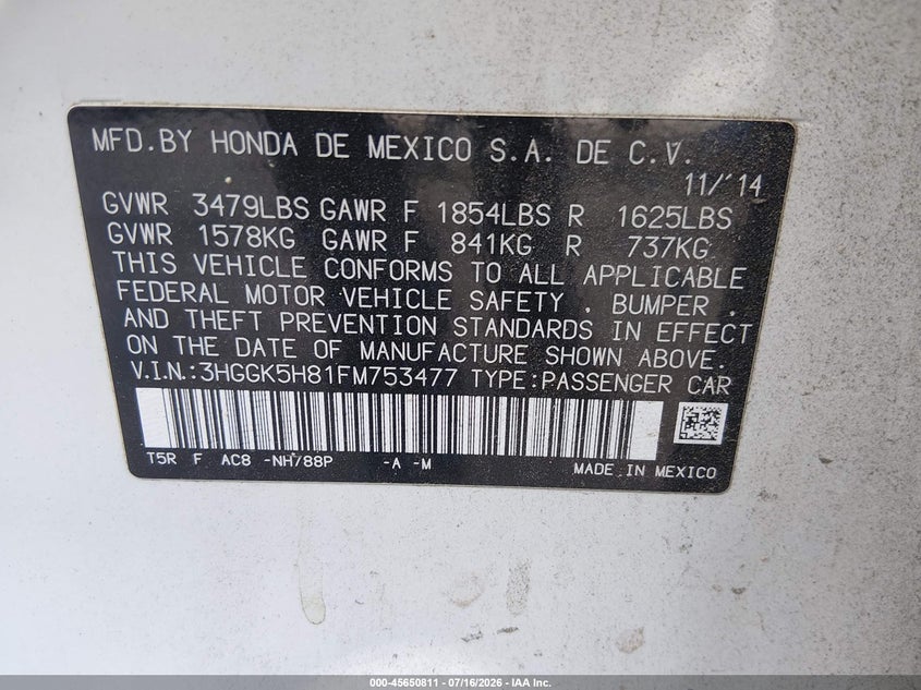 HONDA FIT 2015 VIN 3HGGK5H81FM753477