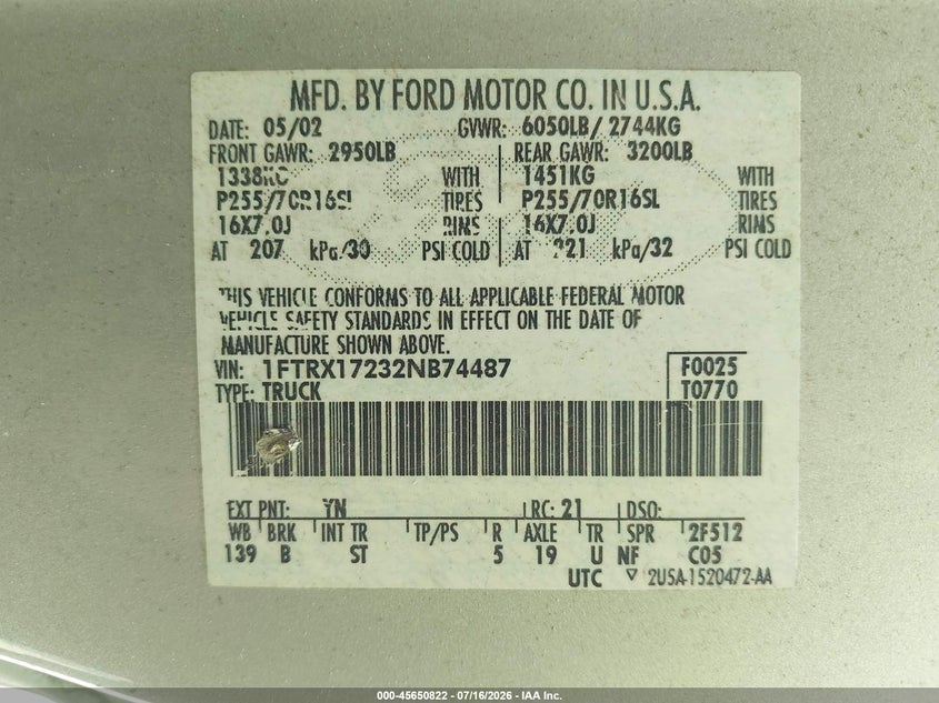 2002 Ford F-150 Xl/Xlt VIN: 1FTRX17232NB74487 Lot: 45650822