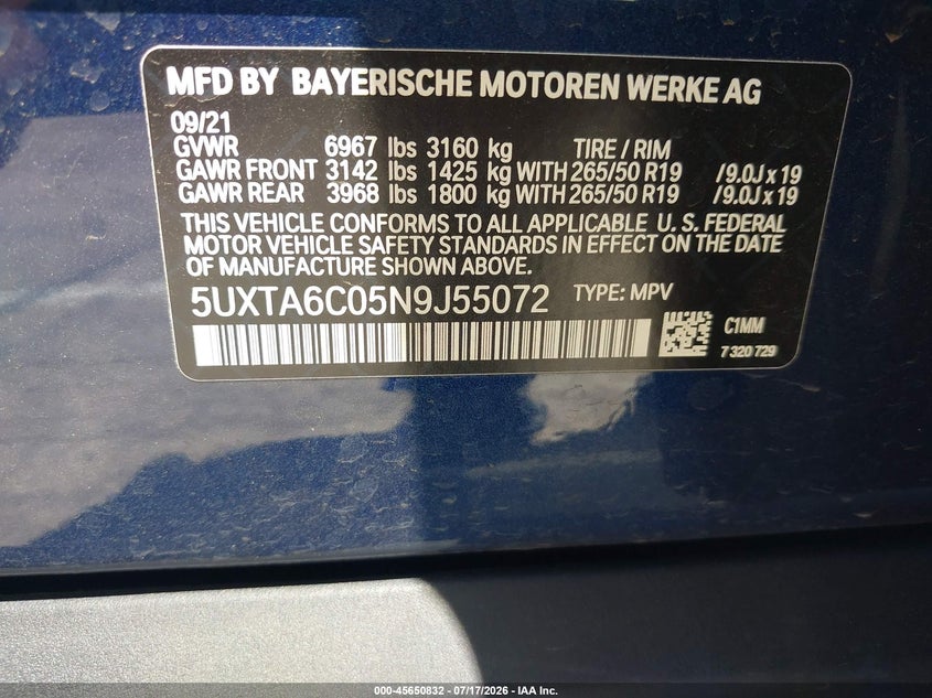 2022 BMW X5 Phev xDrive45E VIN: 5UXTA6C05N9J55072 Lot: 45650832