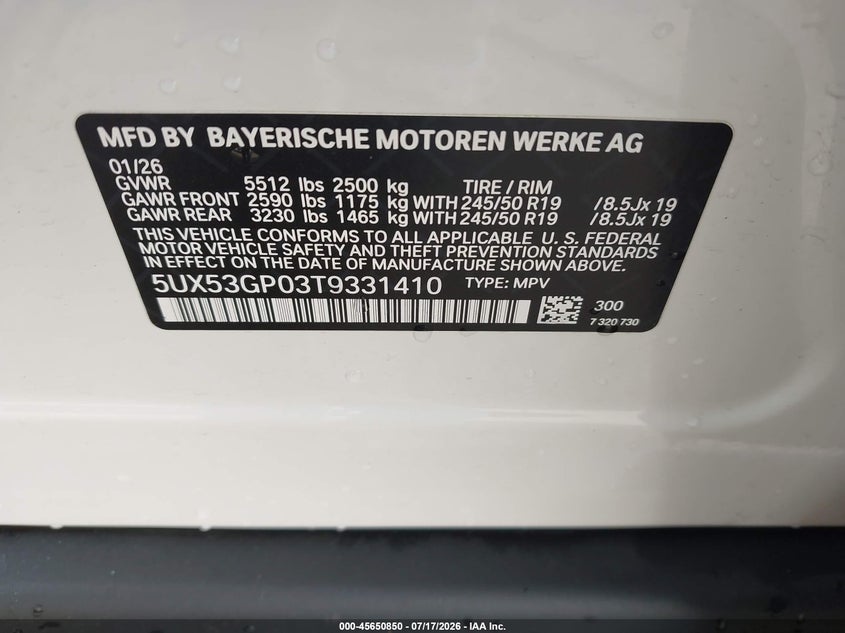 2026 BMW X3 30 xDrive VIN: 5UX53GP03T9331410 Lot: 45650850