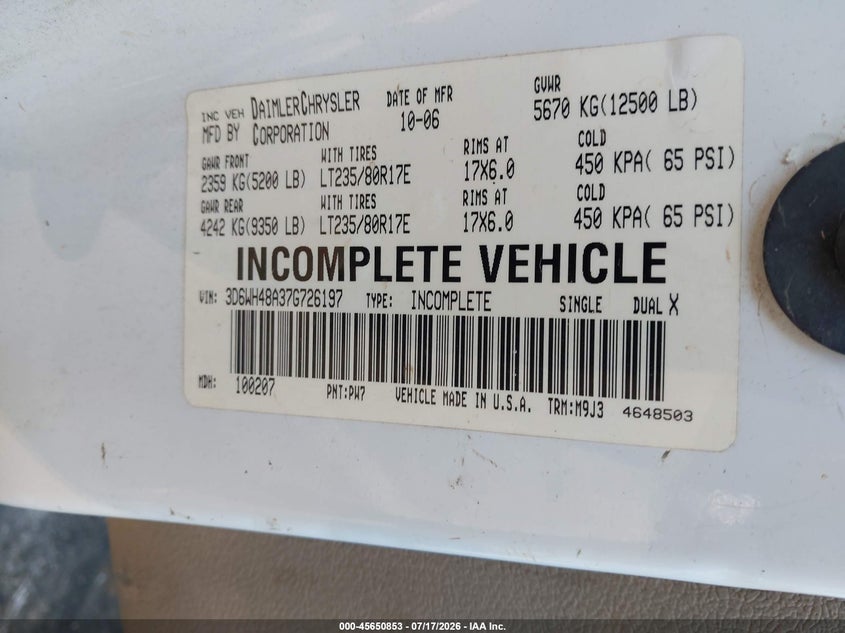 2007 Dodge Ram 3500 Hd Chassis St/Slt/Laramie VIN: 3D6WH48A37G726197 Lot: 45650853