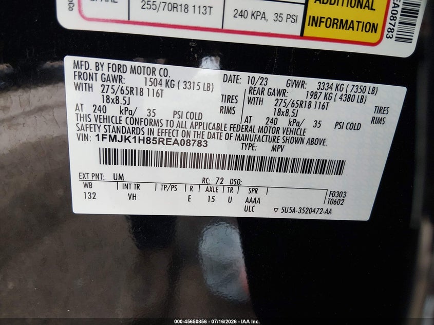 2024 Ford Expedition Xlt Max VIN: 1FMJK1H85REA08783 Lot: 45650856