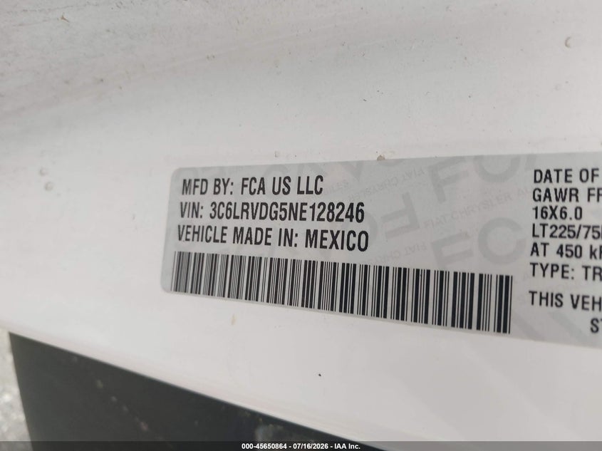 2022 Ram Promaster 2500 High Roof 159 Wb VIN: 3C6LRVDG5NE128246 Lot: 45650864