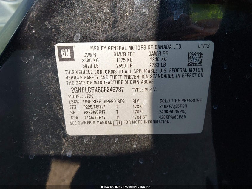 2012 Chevrolet Equinox Ls VIN: 2GNFLCEK6C6245787 Lot: 45650873