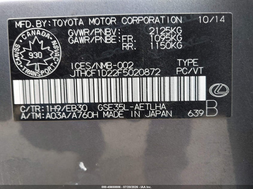 2015 Lexus Is 250 VIN: JTHCF1D22F5020872 Lot: 45650886