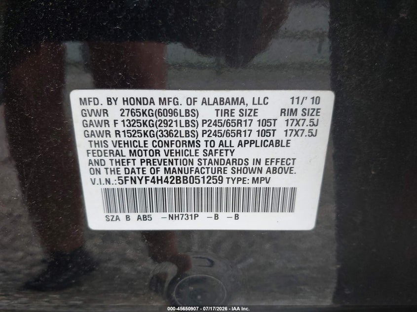 2011 Honda Pilot Ex VIN: 5FNYF4H42BB051259 Lot: 45650907