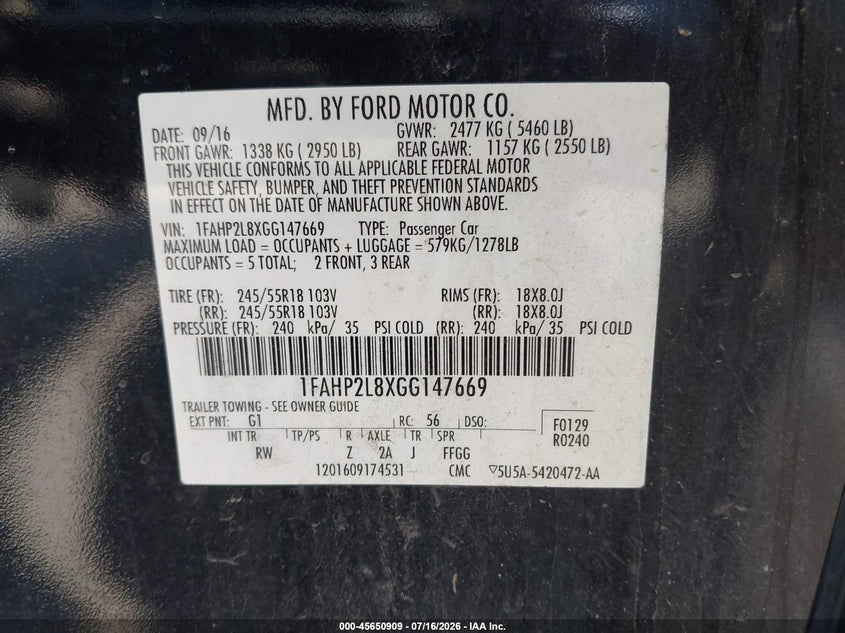 2016 Ford Police Interceptor VIN: 1FAHP2L8XGG147669 Lot: 45650909