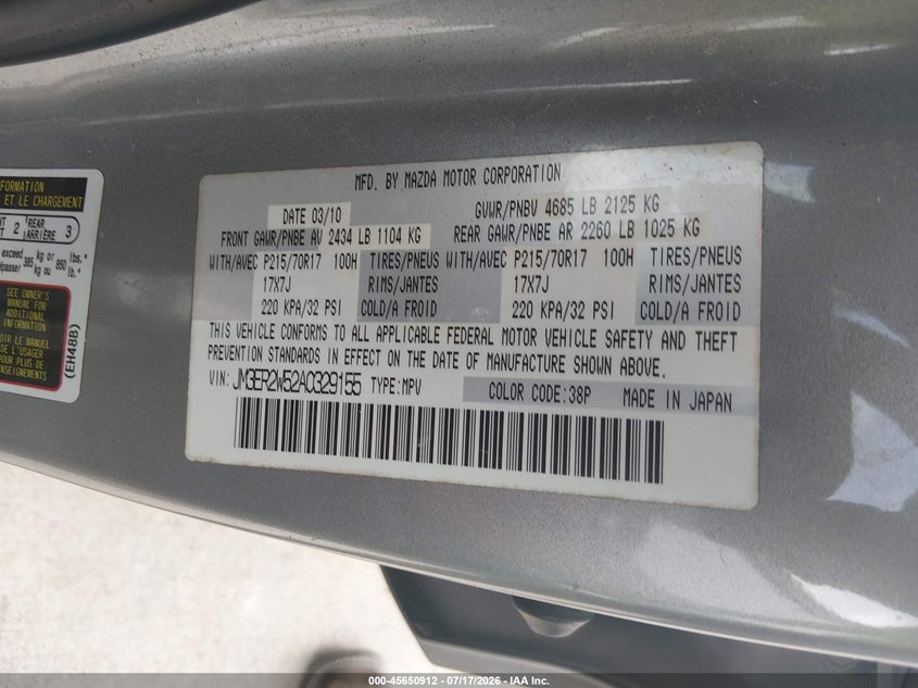 2010 Mazda Cx-7 VIN: JM3ER2W52A0329155 Lot: 45650912