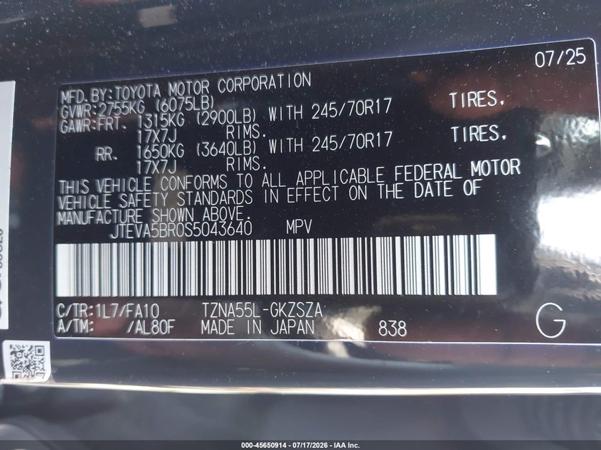 2025 Toyota 4Runner Sr5 VIN: JTEVA5BR0S5043640 Lot: 45650914
