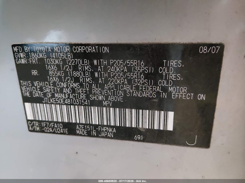 2008 Scion Xb VIN: JTLKE50E481031541 Lot: 45650920