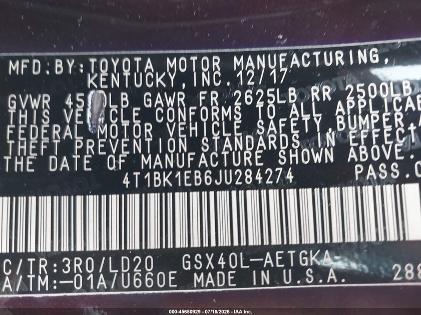 2018 Toyota Avalon Xle VIN: 4T1BK1EB6JU284274 Lot: 45650929
