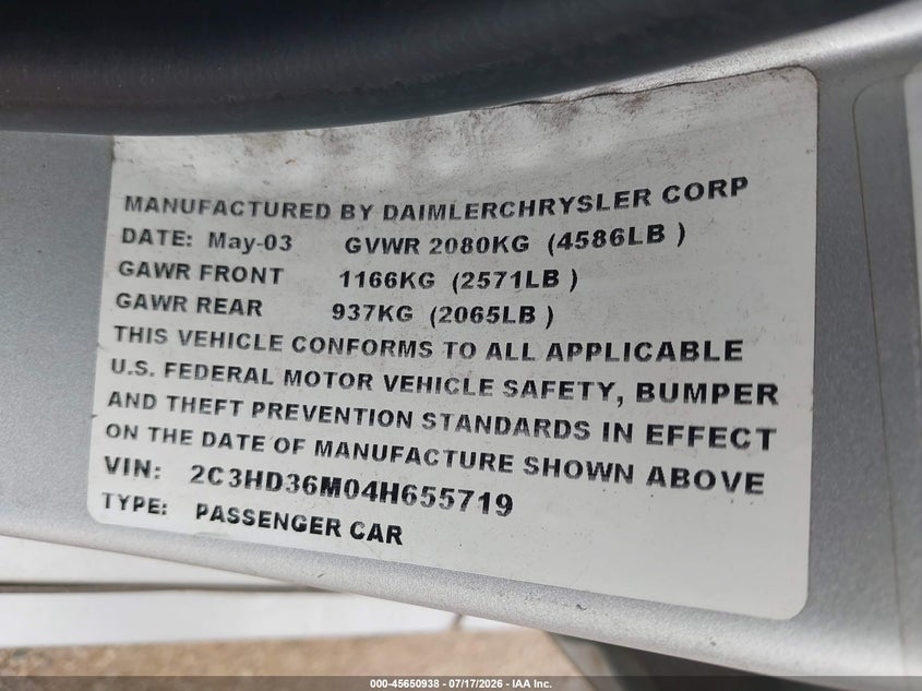 2004 Chrysler Concorde Lxi VIN: 2C3HD36M04H6557 Lot: 45650938