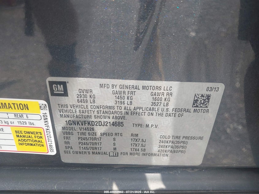 2013 Chevrolet Traverse Ls VIN: 1GNKVFKD2DJ214685 Lot: 45650960