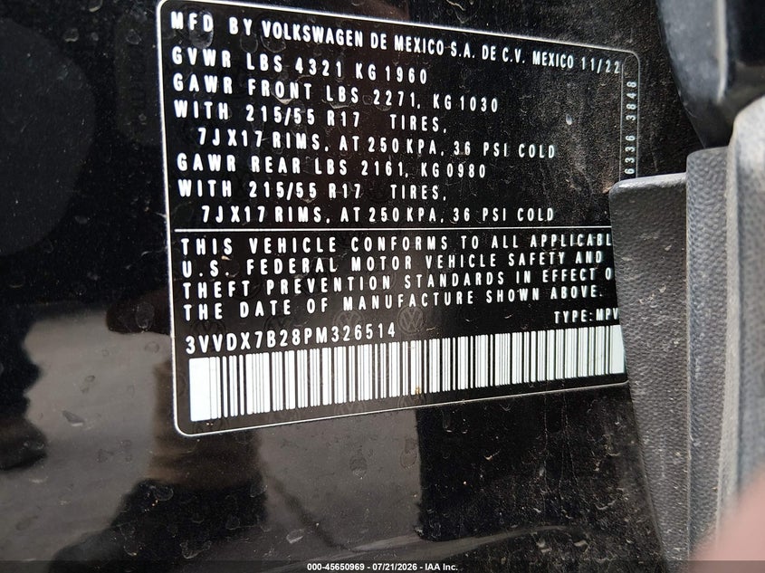 2023 Volkswagen Taos 1.5T S VIN: 3VVDX7B28PM326514 Lot: 45650969