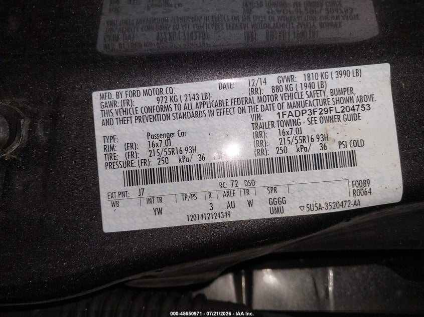 2015 Ford Focus Se VIN: 1FADP3F29FL204753 Lot: 45650971