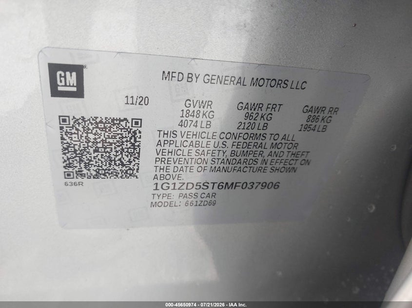 2021 Chevrolet Malibu Fwd Lt VIN: 1G1ZD5ST6MF037906 Lot: 45650974