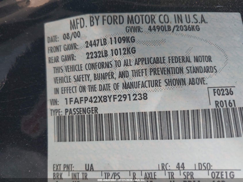 2000 Ford Mustang Gt VIN: 1FAFP42X8YF291238 Lot: 45650988