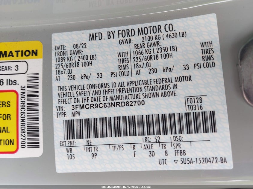 2022 Ford Bronco Sport Outer Banks VIN: 3FMCR9C63NRD82700 Lot: 45650999