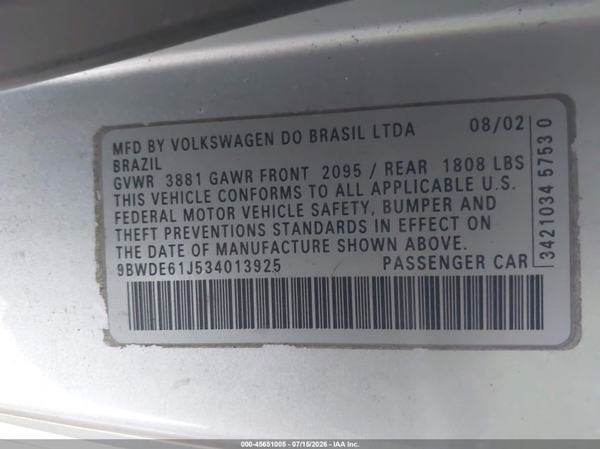 2003 Volkswagen Gti 1.8T VIN: 9BWDE61J534013925 Lot: 45651005