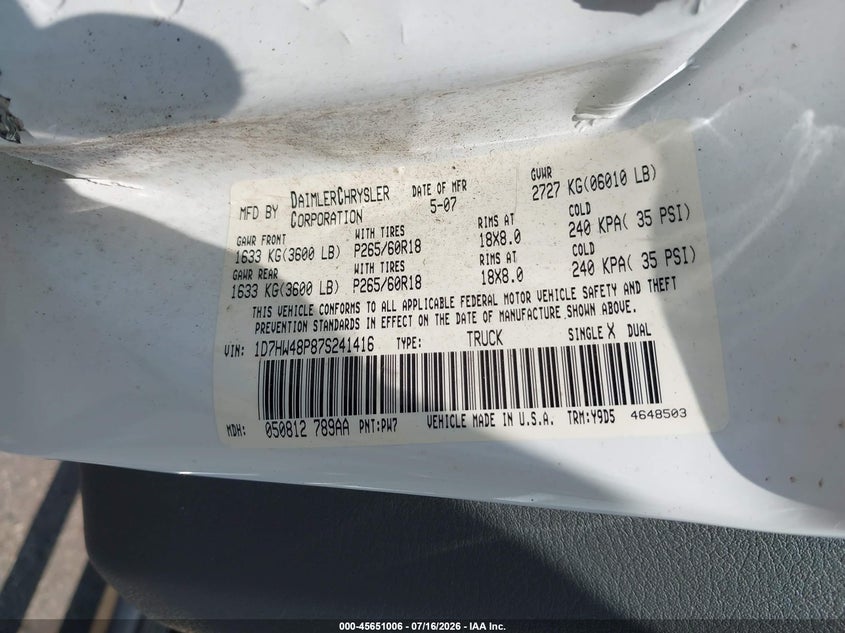 2007 Dodge Dakota Slt VIN: 1D7HW48P87S241416 Lot: 45651006